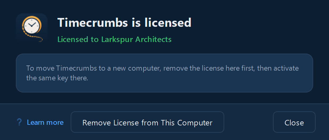 The License window for a licensed copy, with Remove License from This Computer.