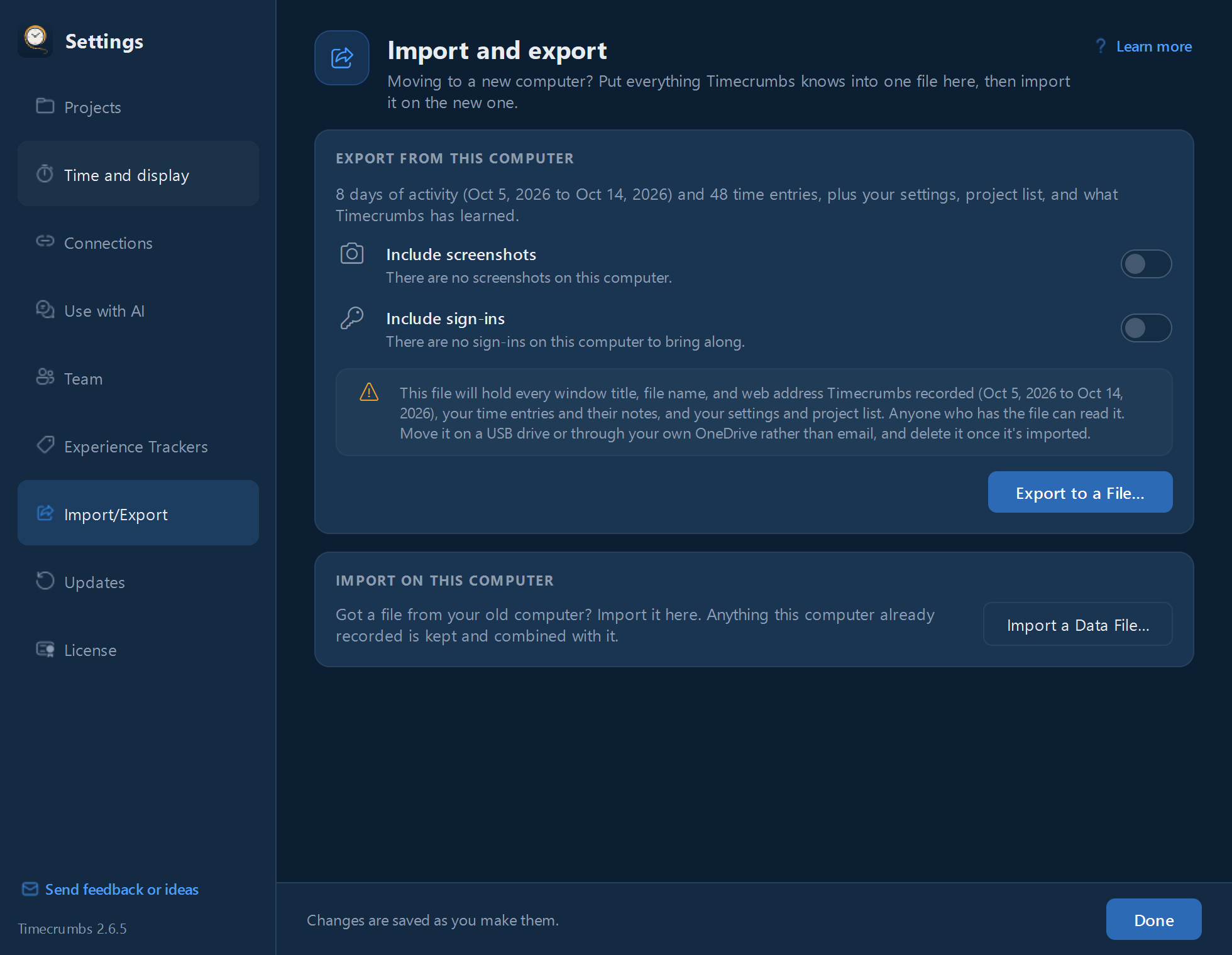 Settings, Import/Export: exporting everything to one file, with screenshots and sign-ins as choices.