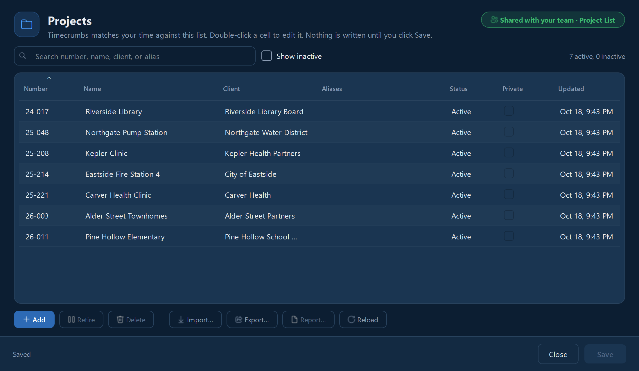 The Projects window: each project's number, name, client, and status.