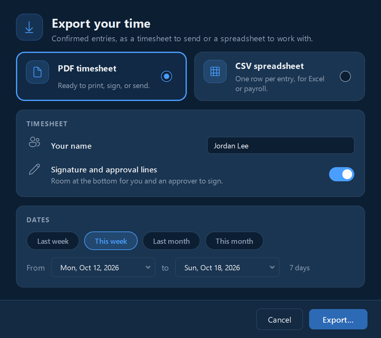 Exporting a week as a timesheet PDF or CSV.