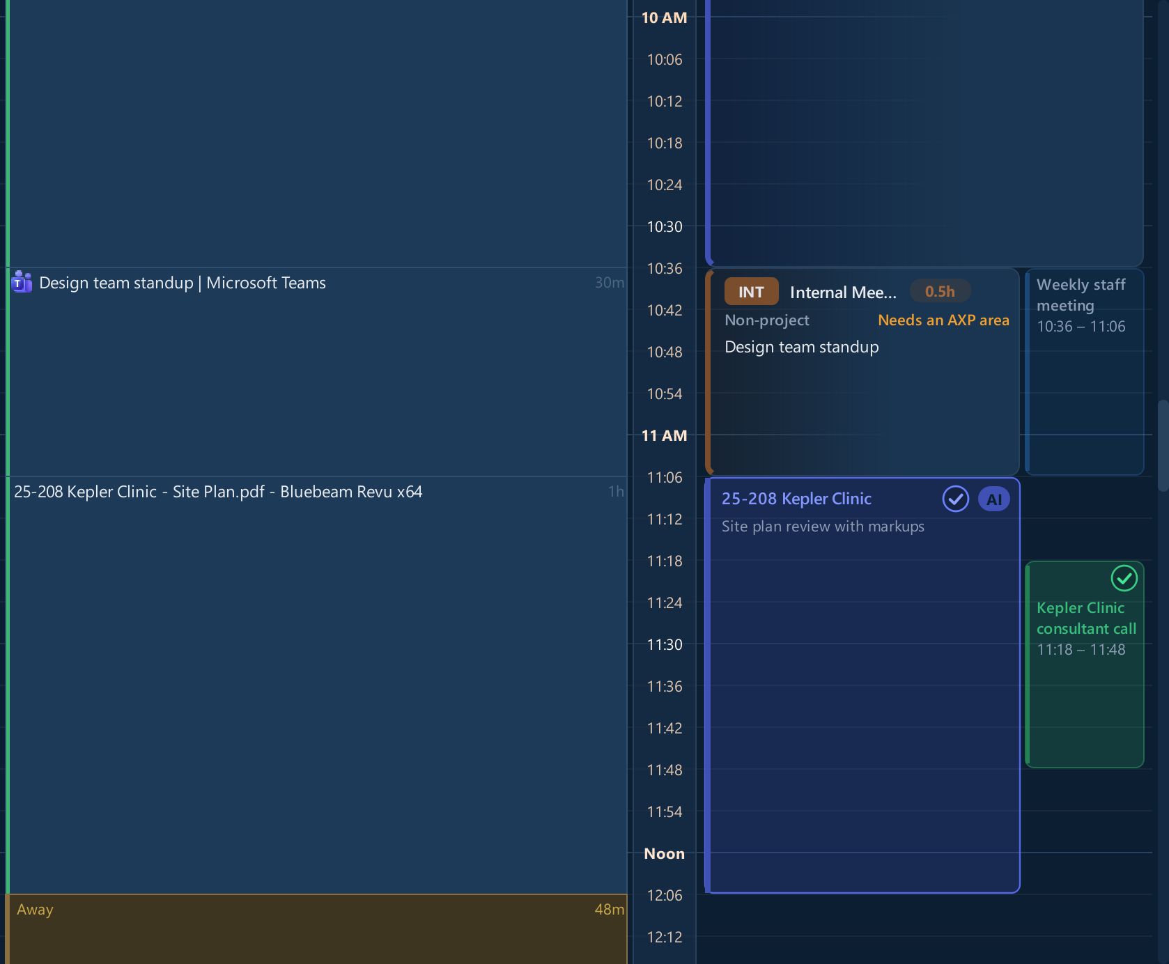 One day's Activity Log beside its Time Entries, with faded suggestions and drafts waiting to be accepted.